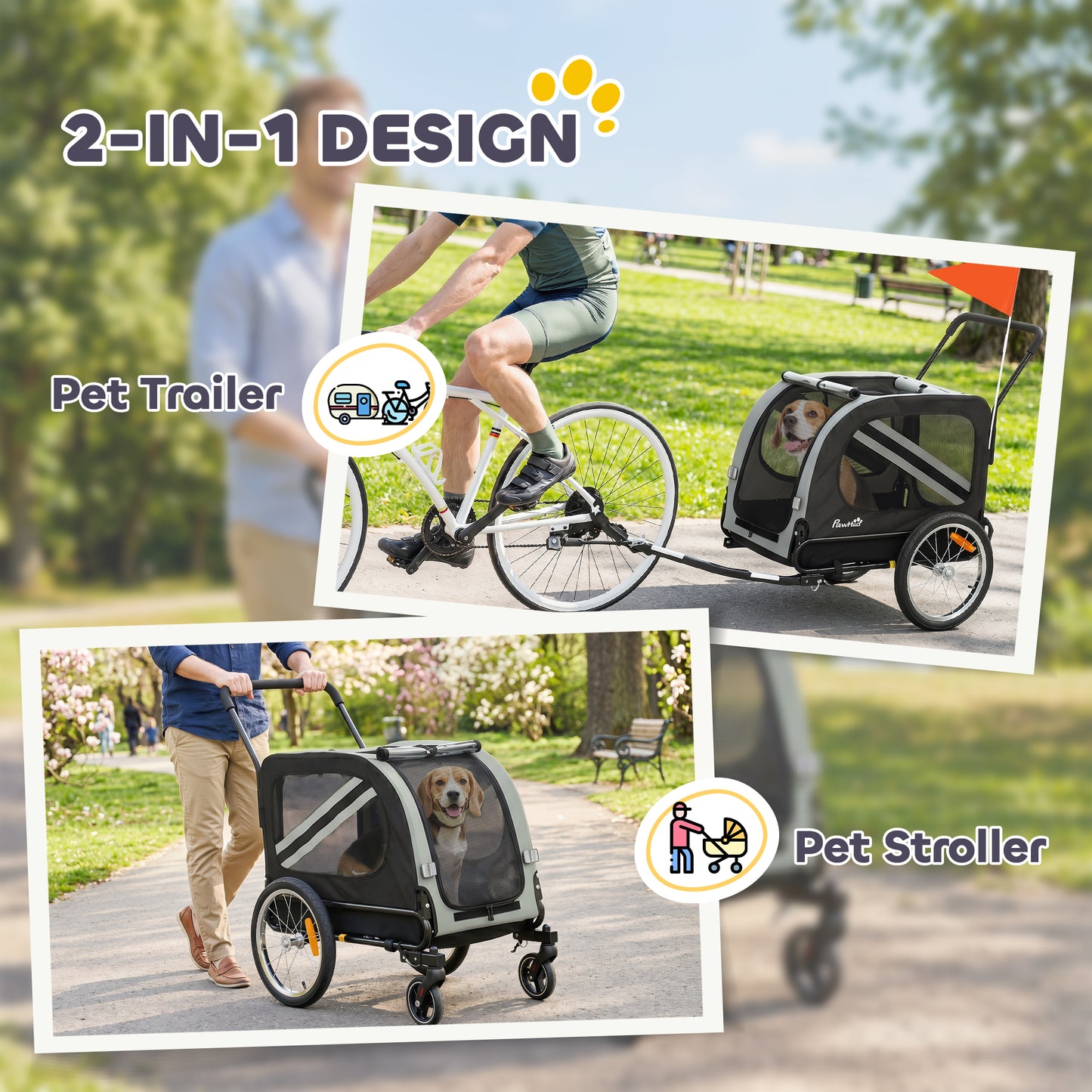 2-In-1 Pet Bike Trailer Dog Stroller Pushchair with Universal Wheel Reflector Flag Grey