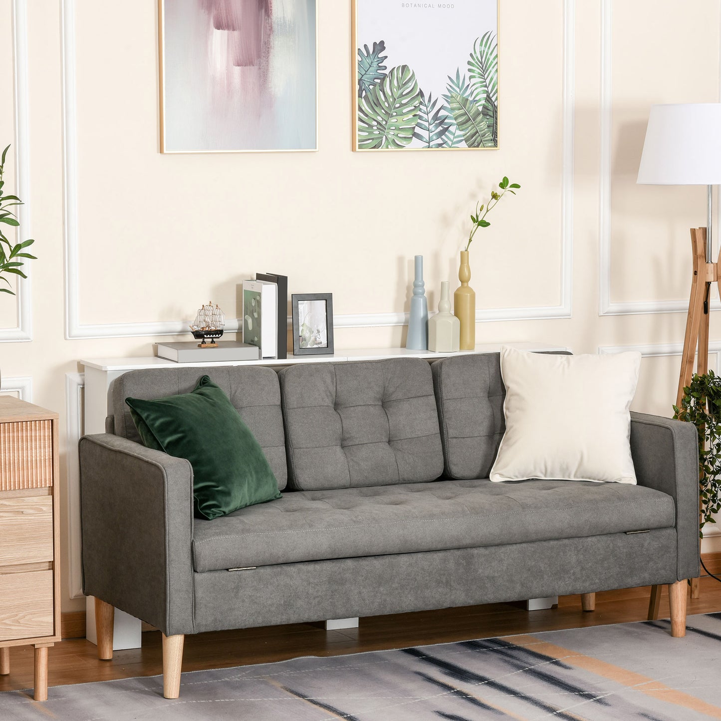 3 Seater Storage Sofa, Fabric Couch with Hidden Under Seat Storage, Thick Cushions