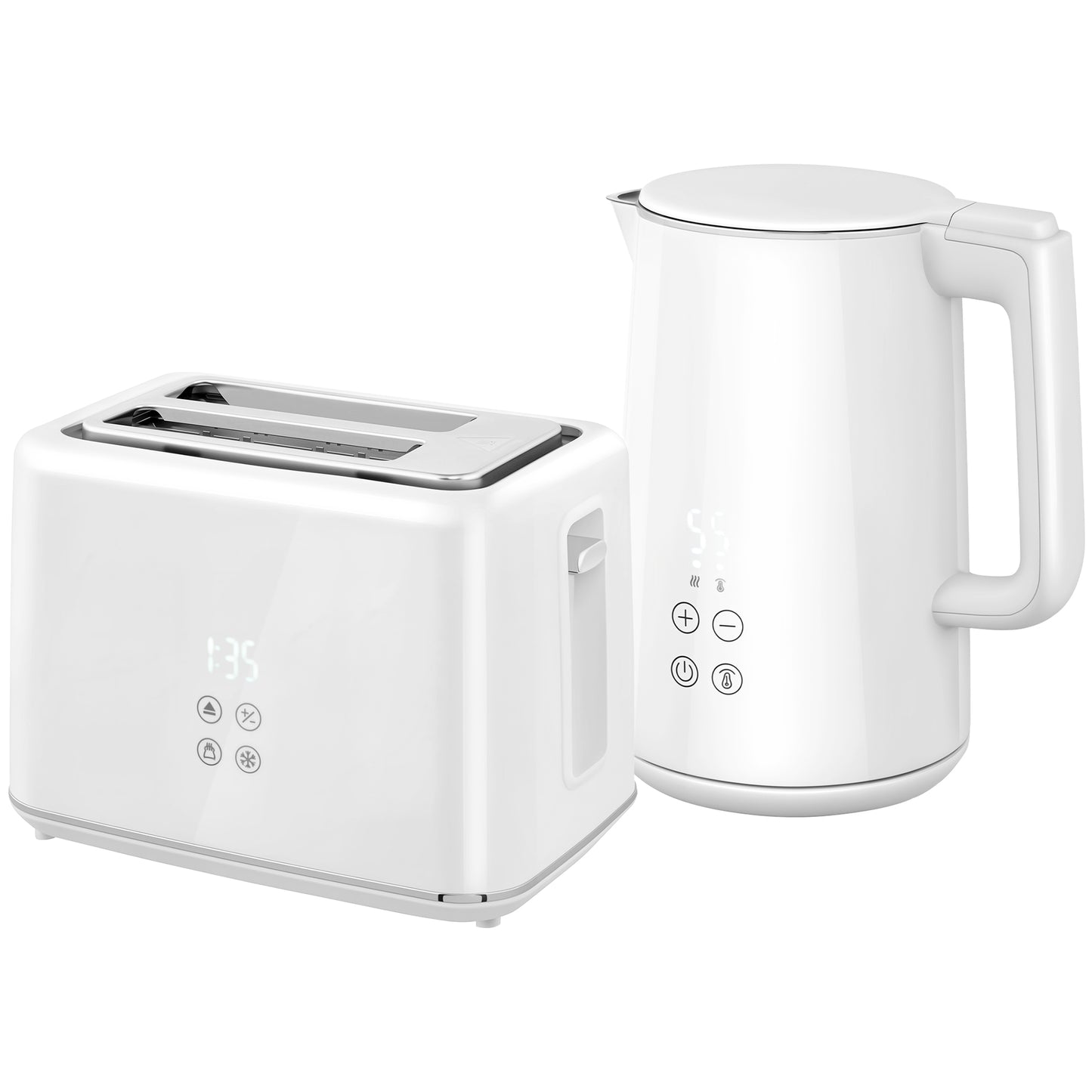 Polished Stainless Steel Kettle and Toaster Set - White