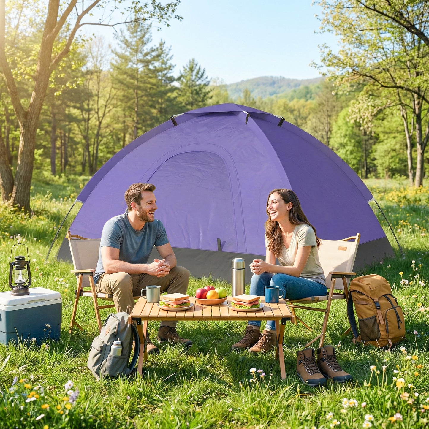 2 Person Camping Tent, Dome Tent with Zipped Doors, Storage Pocket, Portable Handy Bag, Light Purple