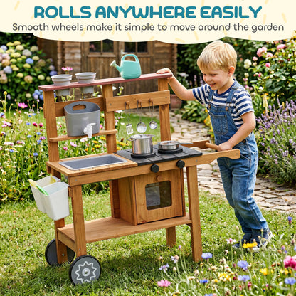 Wooden Mud Kitchen with Wheels, Stove, Faucet, Flower Pots, Stainless Steel Accessories for Toddlers 3-6, Brown