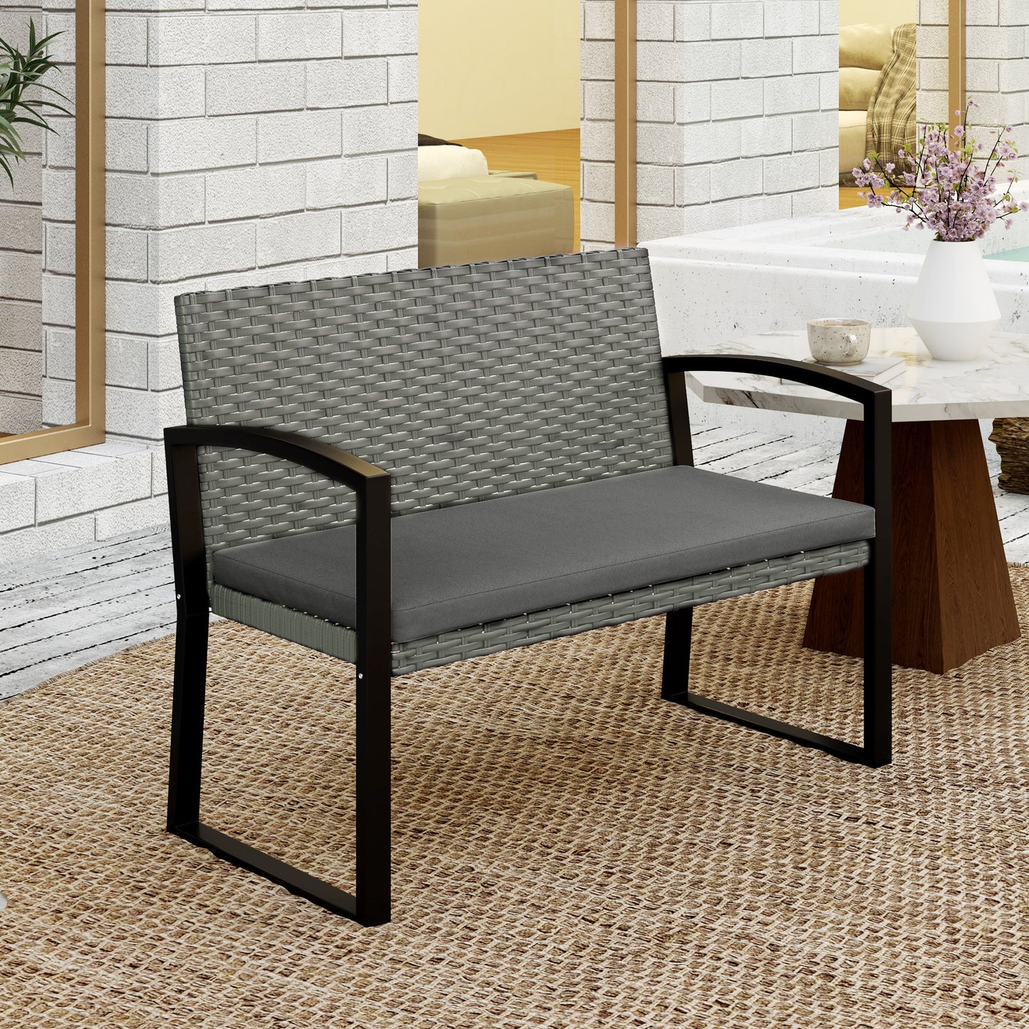 Two-Seater Rattan Garden Bench - Light Grey