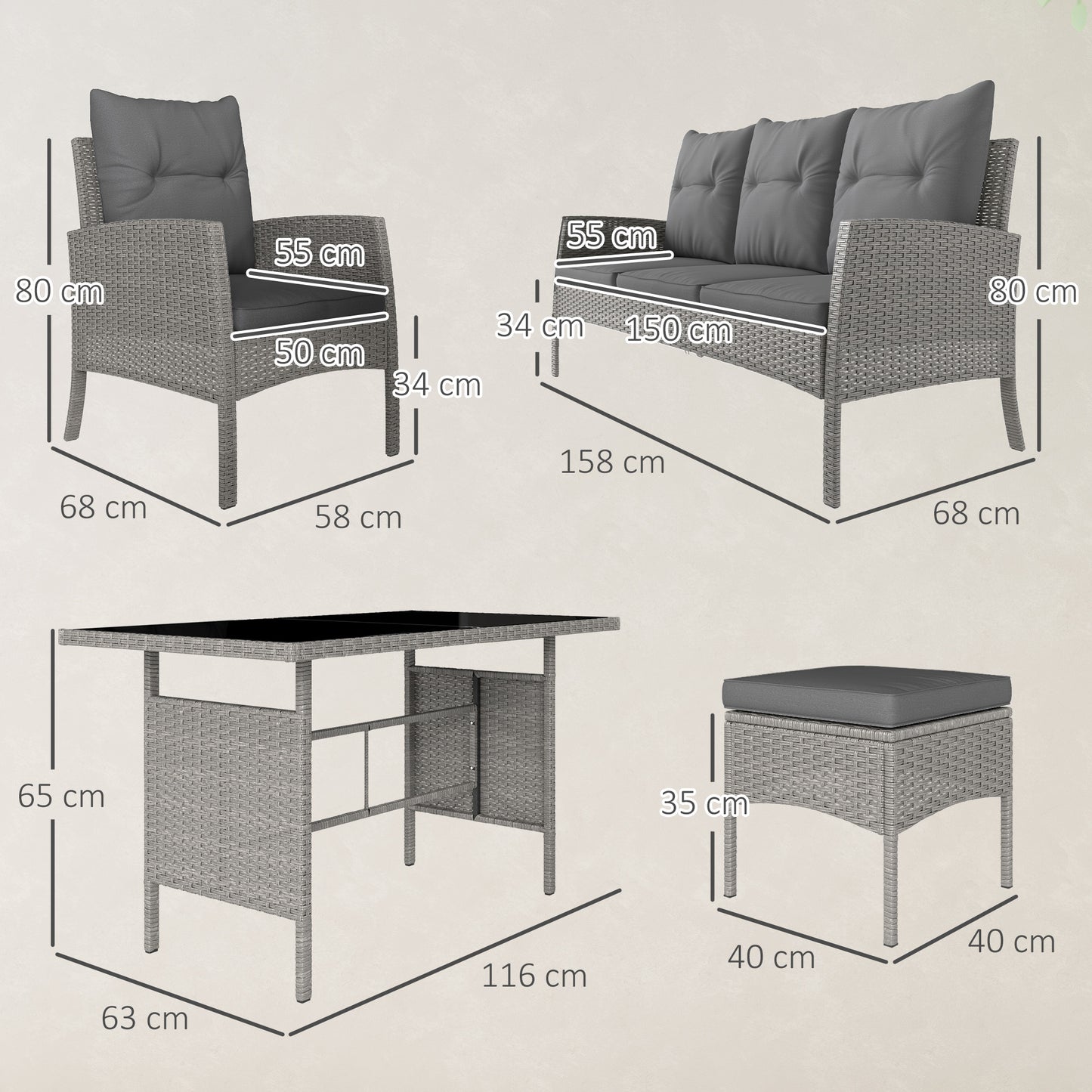 7 Seater Rattan Garden Furniture Set, 6 Piece Patio Dining Set, Armchairs, 3-Seater Sofa, Footstools, Glass Dining Table