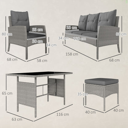 7 Seater Rattan Garden Furniture Set, 6 Piece Patio Dining Set, Armchairs, 3-Seater Sofa, Footstools, Glass Dining Table