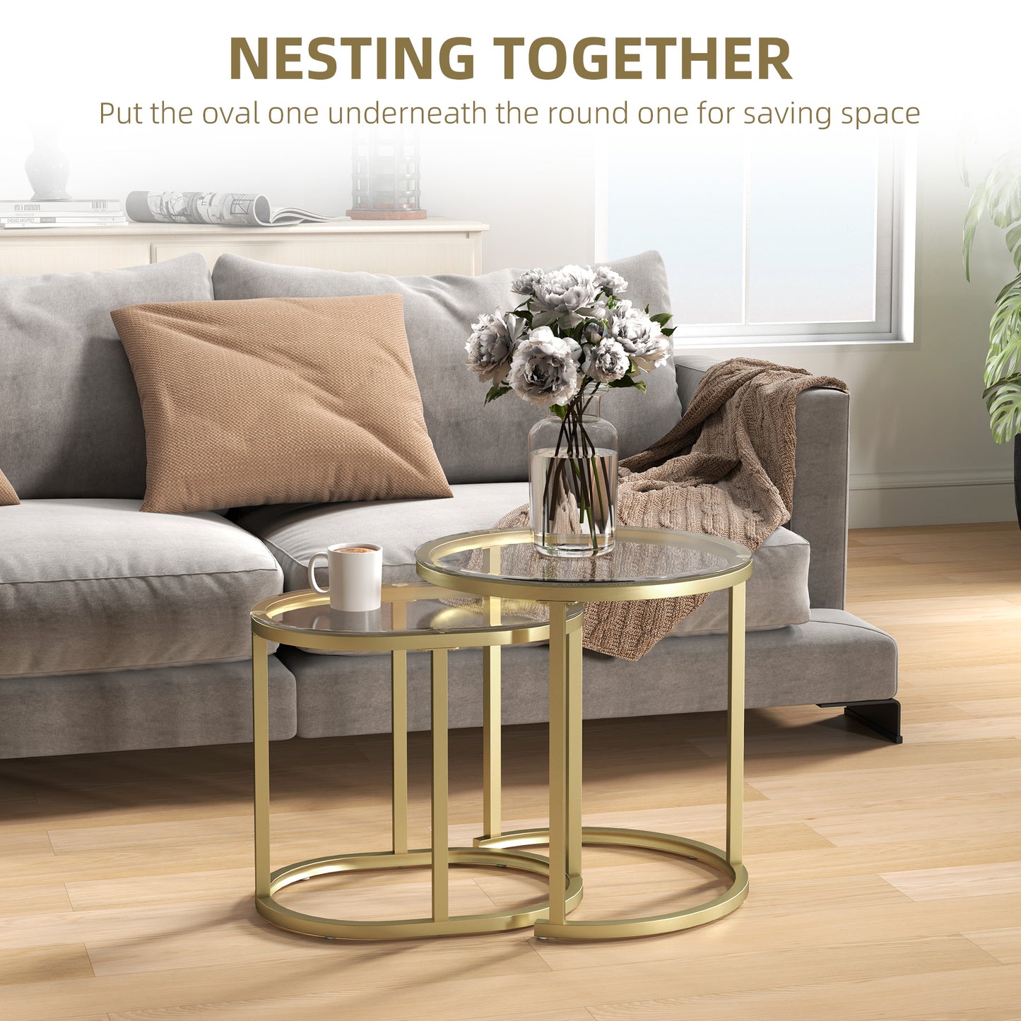 Nest of Tables with Steel Frame and Tempered Glass Tabletop, Modern Coffee Table Set of 2, Clear