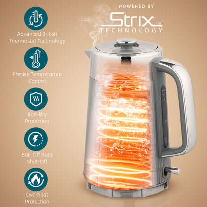 Electric Stainless Steel Kettle and Toaster Set, 3000W 1.7L UK Strix Thermostat Fast Boil Kettle w/ Limescale Filter