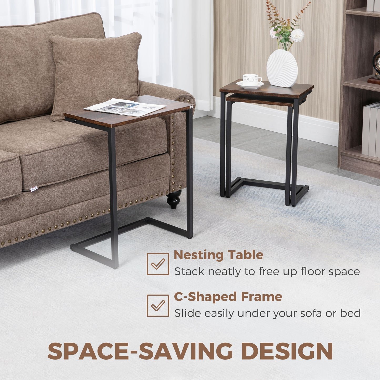 Nesting Side Tables Set of 3, C-Shaped Snack Side Tables with Steel Frame for Sofa Couch and Bed, Rustic Brown