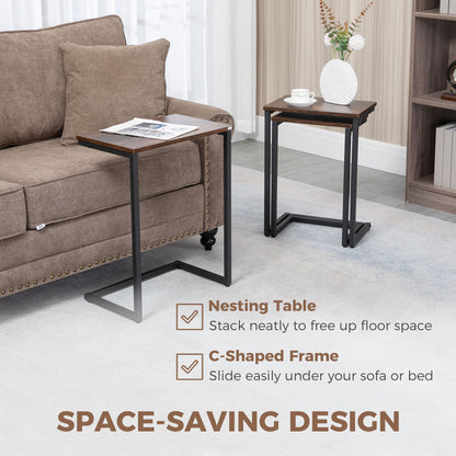 Nesting Side Tables Set of 3, C-Shaped Snack Side Tables with Steel Frame for Sofa Couch and Bed, Rustic Brown