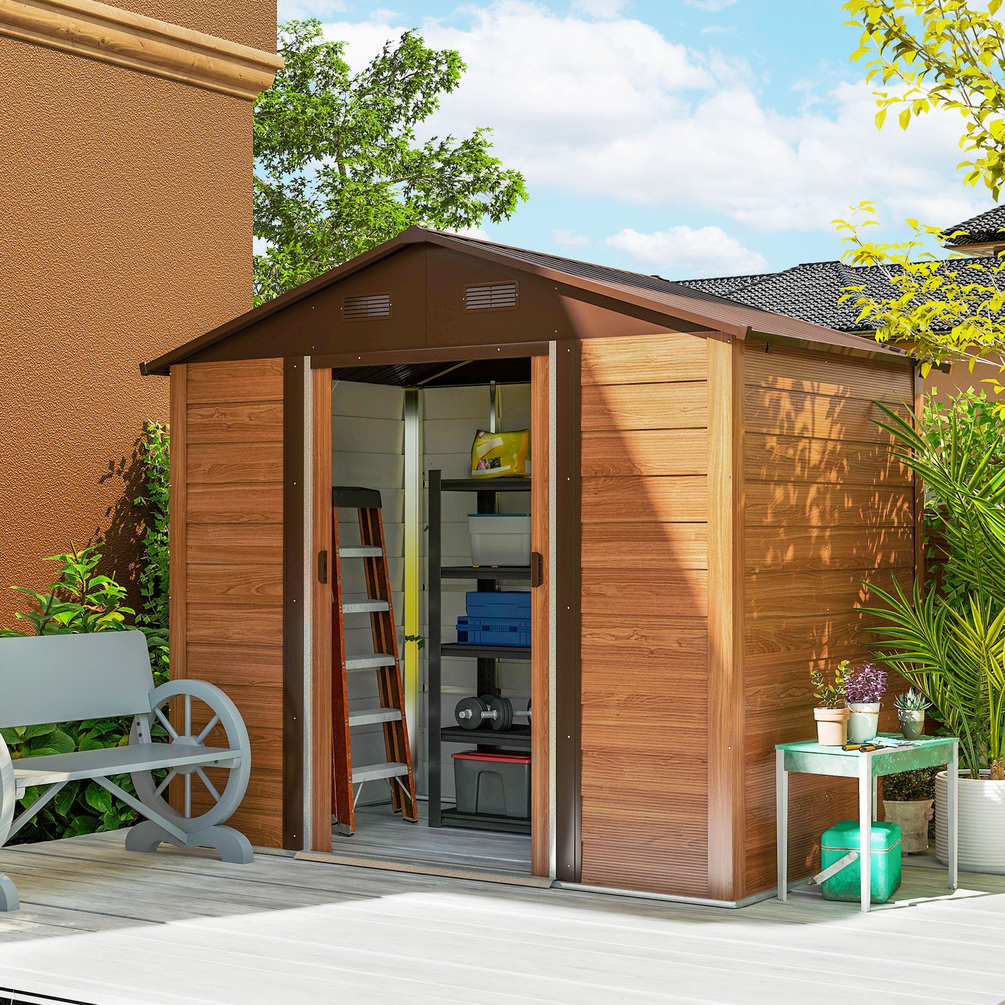 6 x 8ft Galvanised Steel Shed - Brown Wood-Effect