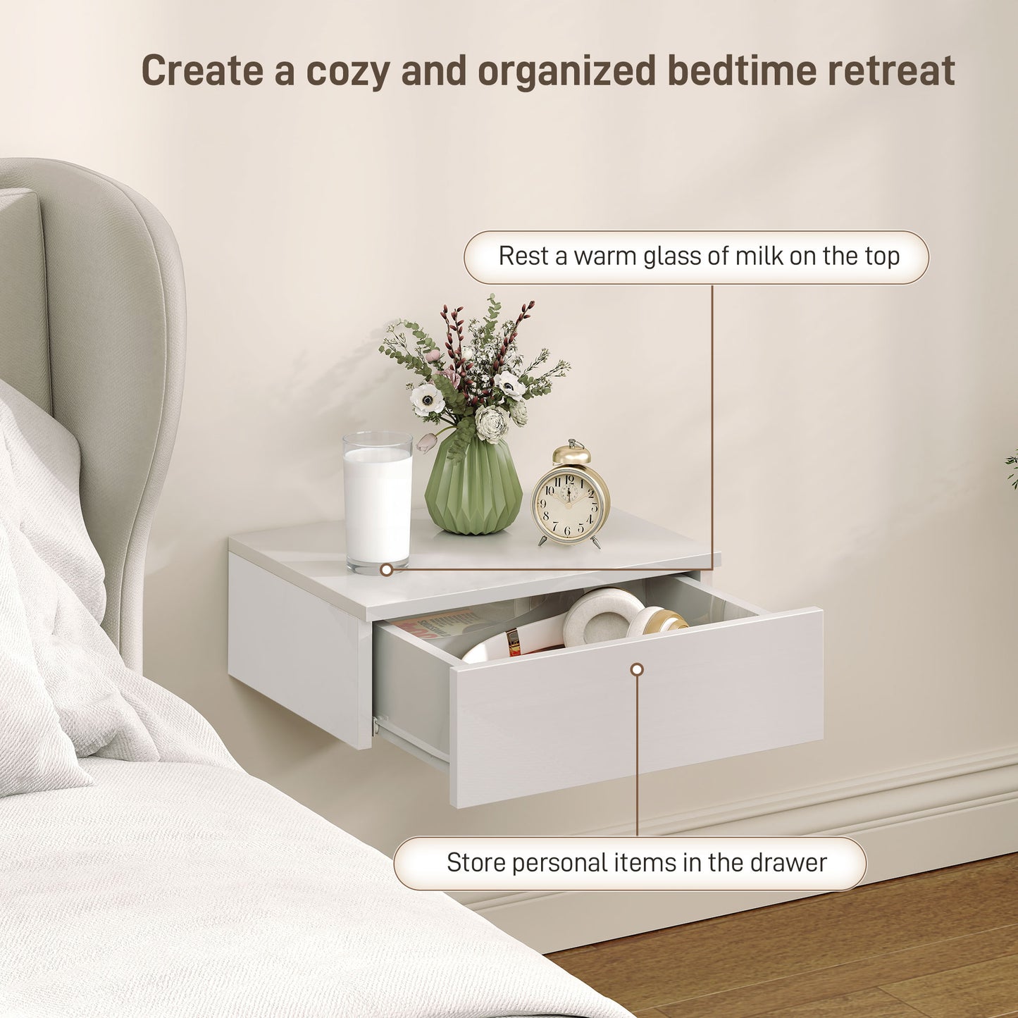 Floating Bedside Table Set of 2, Wall-Mounted Nightstand with High Gloss Finish & Storage Drawer, White