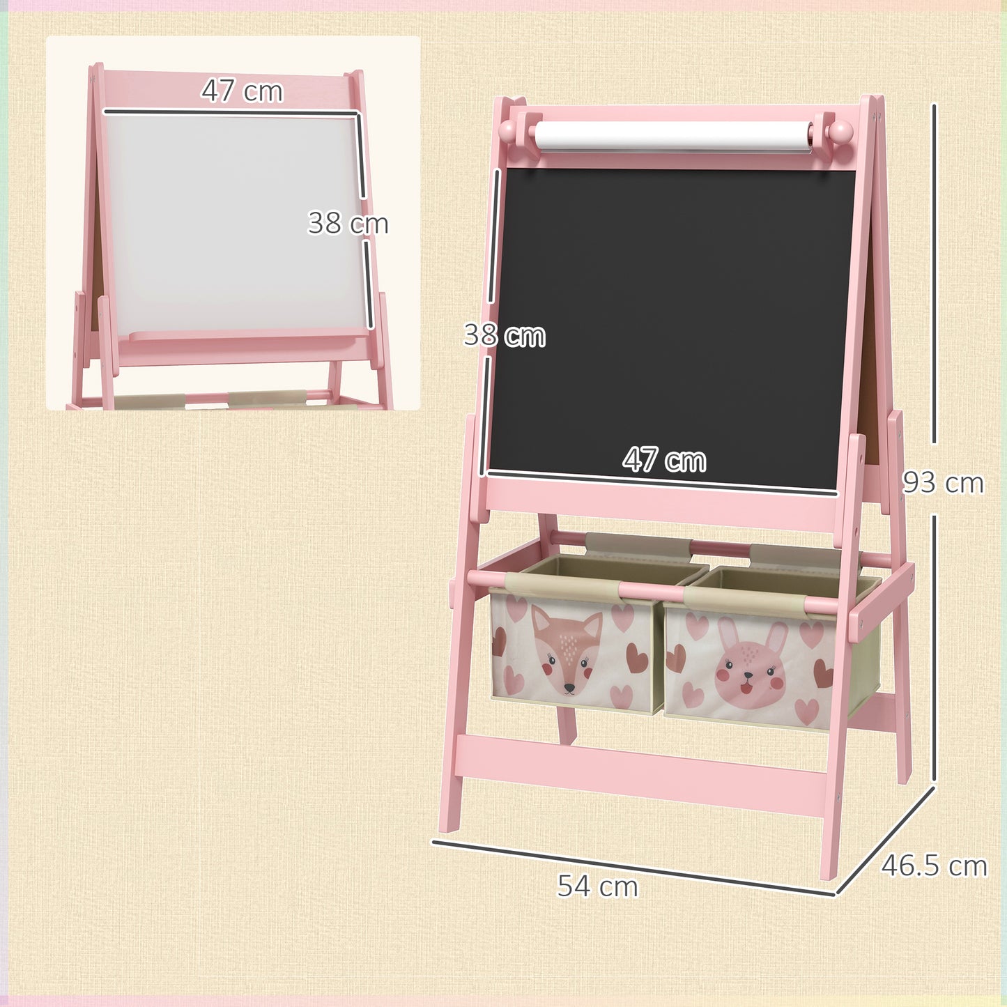 Three-In-One Kids Easel with Paper Roll, Art Easel, with Storage - Pink