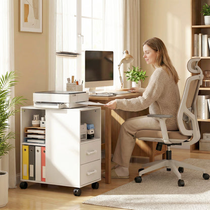 Narrow Mobile Printer Table with Wheels, Rolling Printer Stand with Drawers for Home Office, 30 x 60 x 65 cm, White
