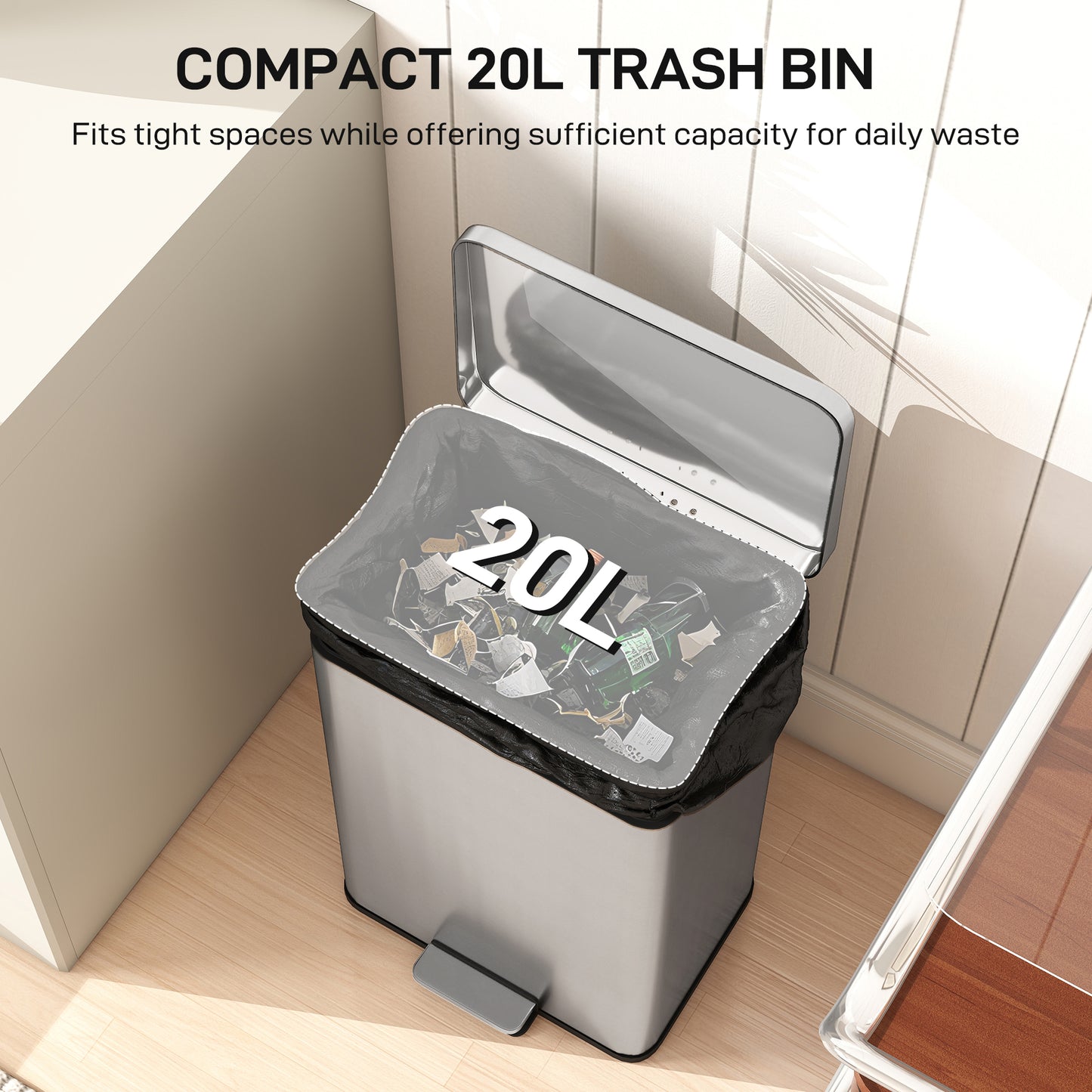 20L Kitchen Bin with Soft-Close Lid and Stay-Open Function