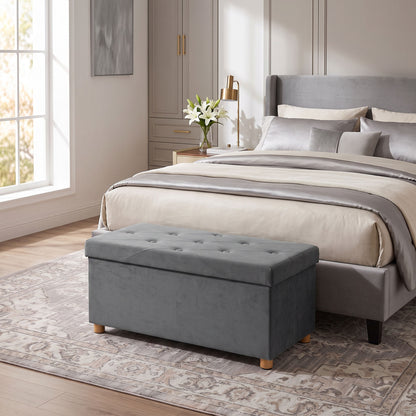 Velvet Upholstered Foldable Ottoman Footrest, Storage Ottoman Bench with Wood Legs for Living Room, Grey