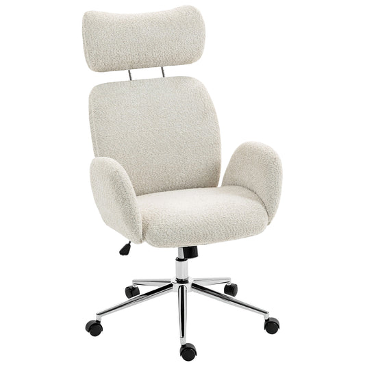 Office Chair with Adjustable Headrest, Spring Pack, Curved Line, Boucle Fabric - Pale Grey