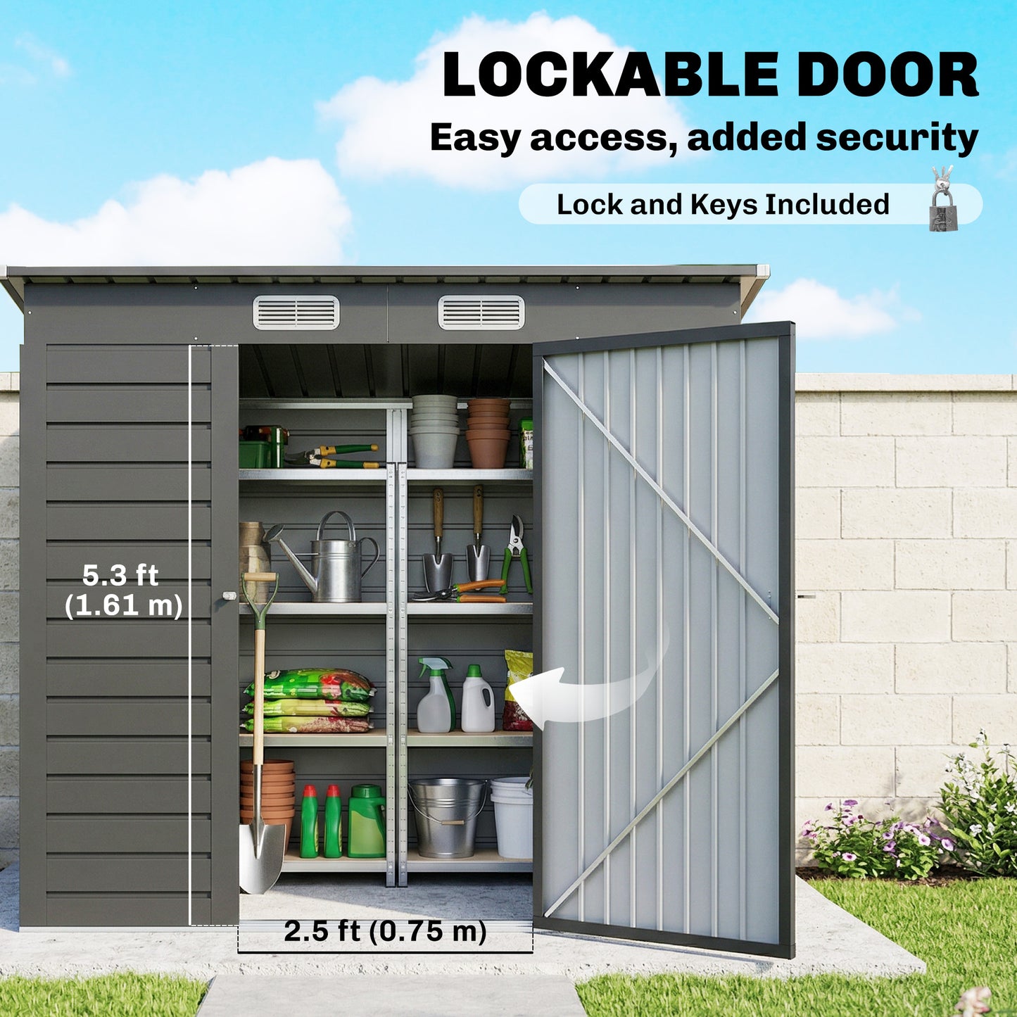 4 x 6ft Galvanised Metal Garden Shed, with Locking Door - Grey