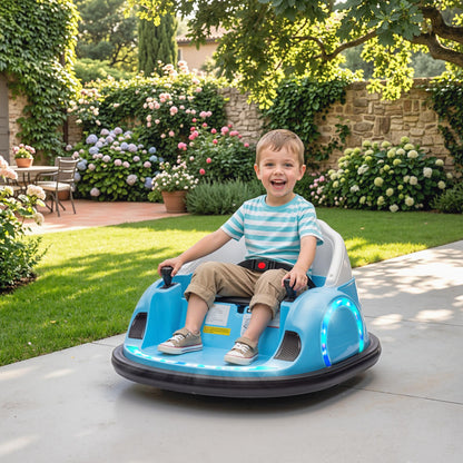 360° Rotation Kids Bumper Car, 12V Waltz Car with Remote Control, Dual Joystick, Music, Lights, Light Blue