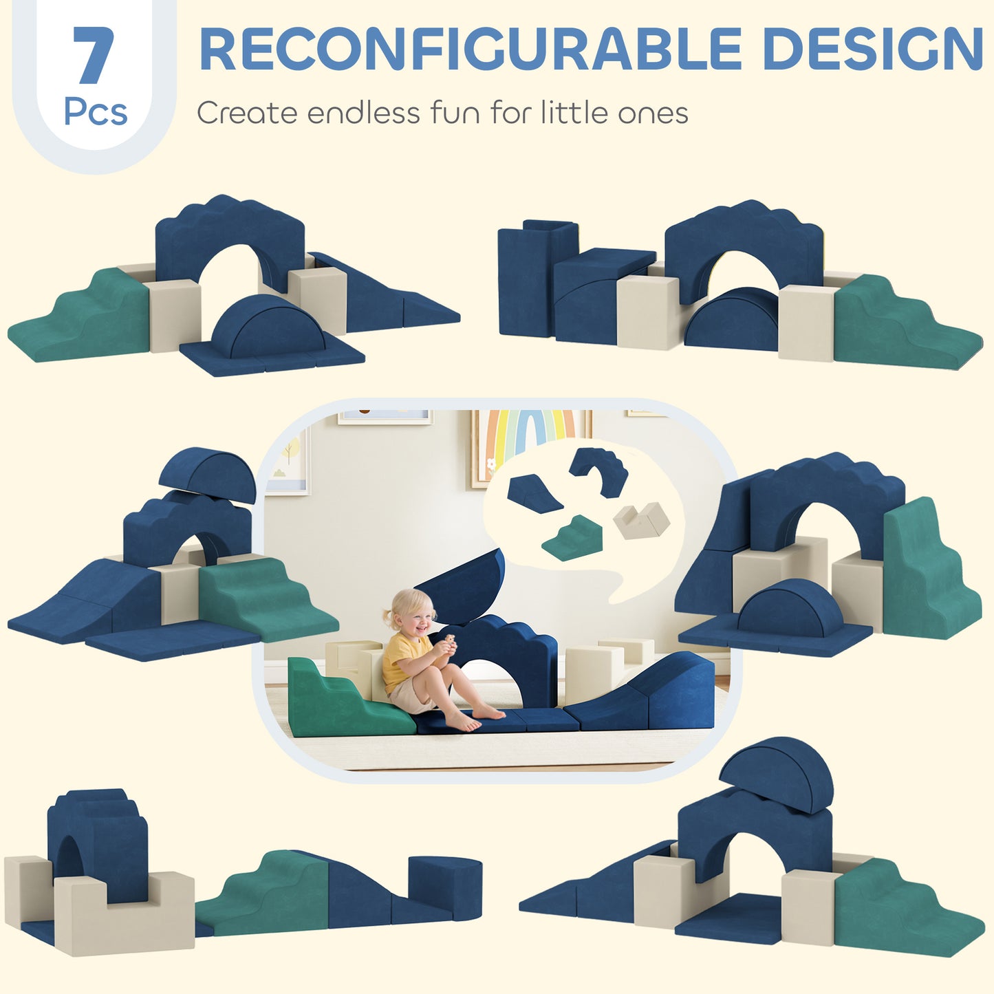 7 Piece Kids Soft Play Set with Detachable Cover, Baby Indoor Climb and Crawl Foam Toy for Toddlers, Dark Blue