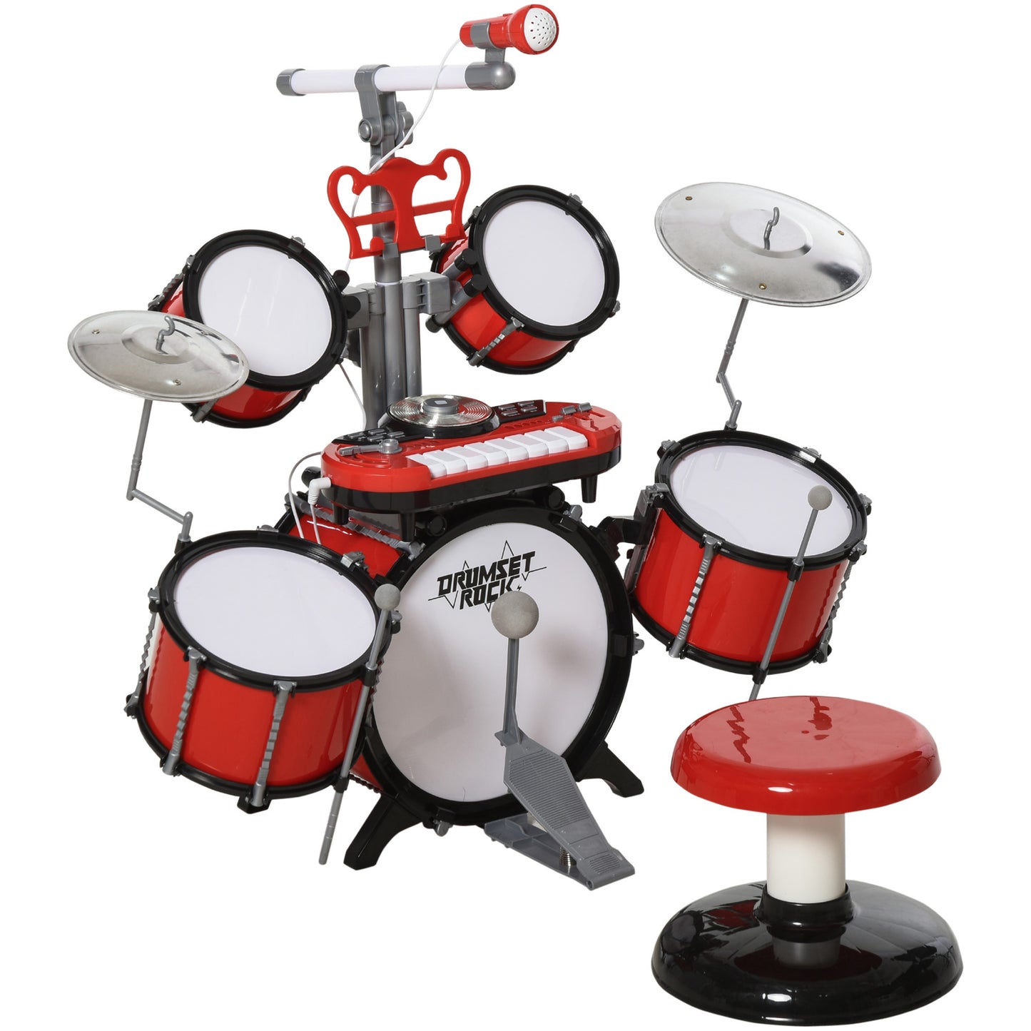 Kids Drum Set for Beginners, Drum Kit with Toy Microphone, Cymbal, Pedal & Drumsticks, Educational Musical Toy, Red