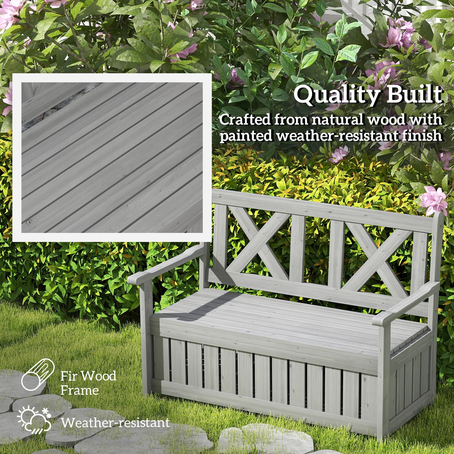2-Seater Garden Storage Bench for Patio Wood Porch Decor Outdoor Seating, Charcoal Grey