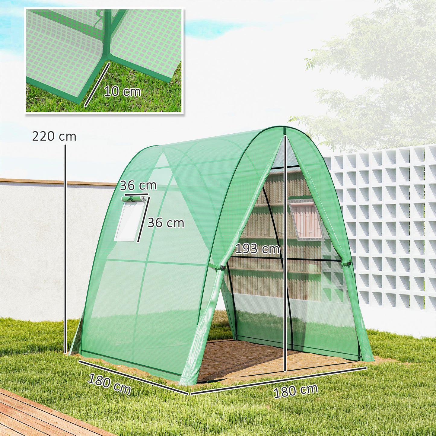 Polytunnel Greenhouse with Sandbags, Walk-In Tunnel Green House with 2 Doors and Screen Windows, 1.8 x 1.8 x 2m, Green
