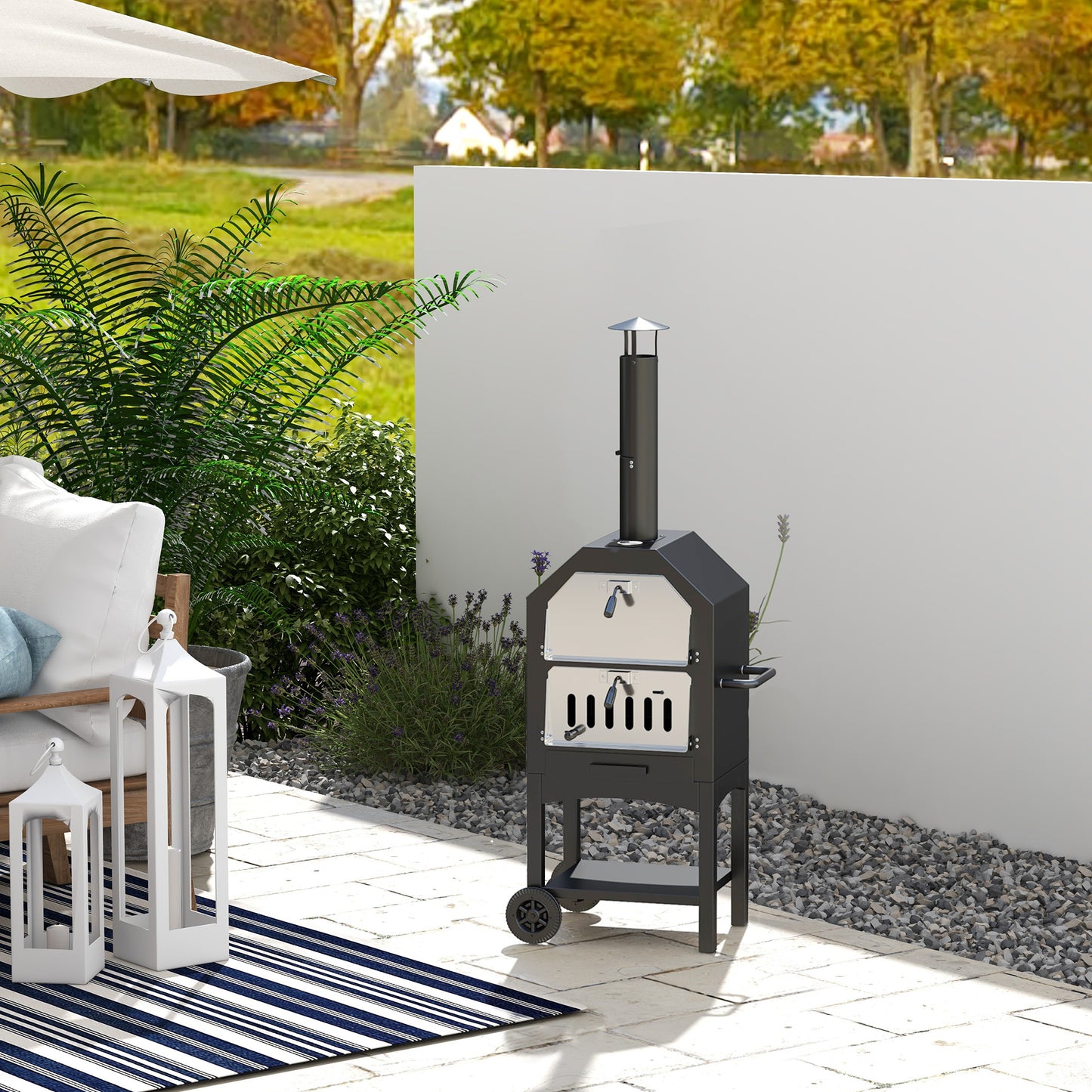 Outdoor Garden Pizza Oven Charcoal BBQ Grill 3-Tier Freestanding w/ Chimney, Mesh Shelf, Thermometer Handles