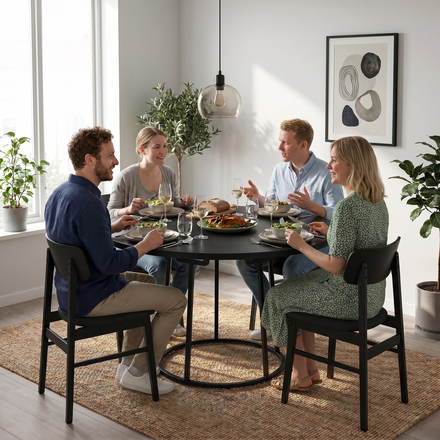 Dining Table Space Saving Kitchen Table Spliced Tabletop Conical Metal Base 120 cm Round Black