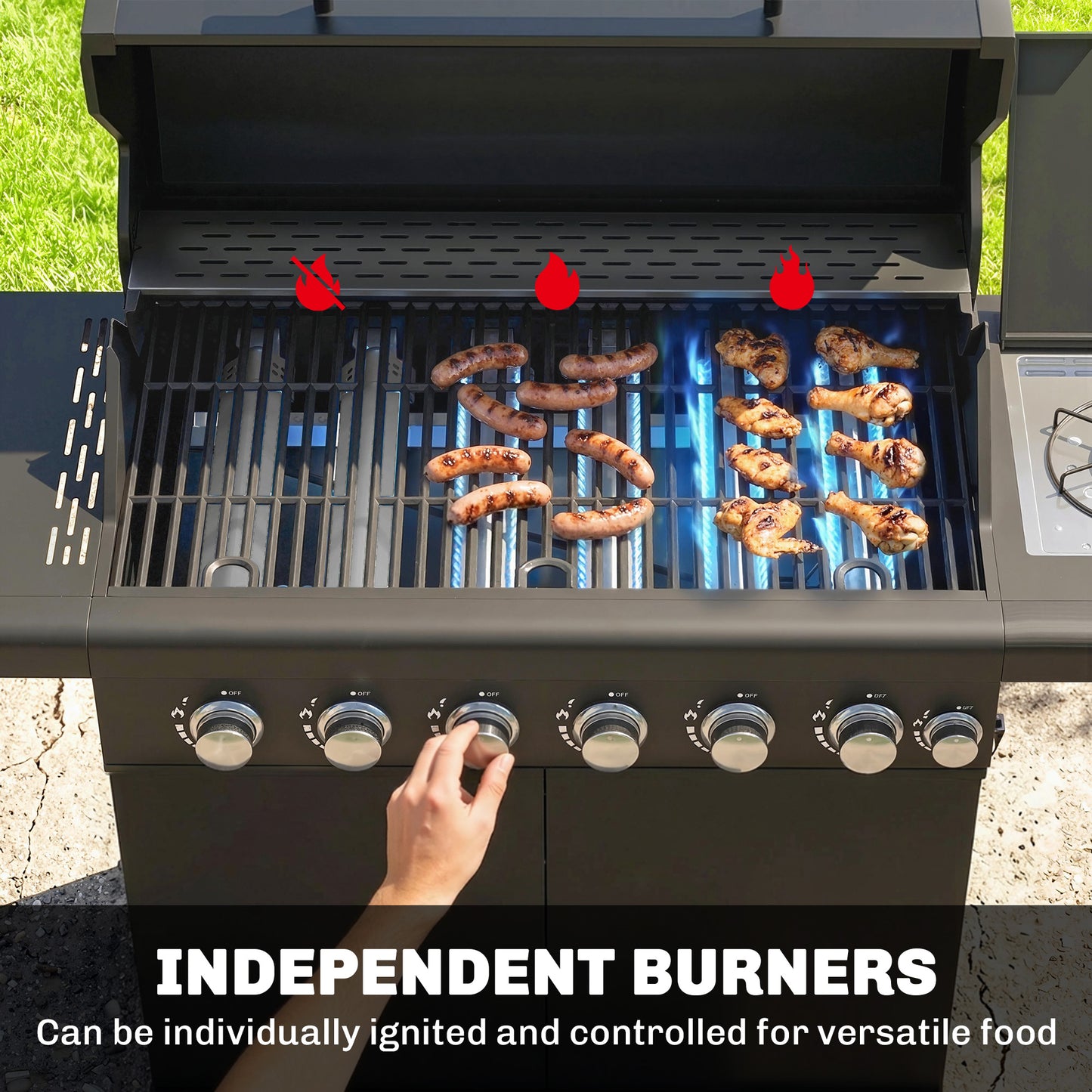 6+1 Burner Gas BBQ Grill, Outdoor Barbecue Trolley with Wheels, Warming Rack, Thermometer, Bottle Opener, Black