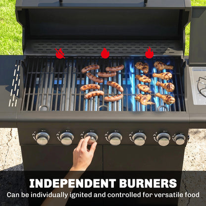 6+1 Burner Gas BBQ Grill, Outdoor Barbecue Trolley with Wheels, Warming Rack, Thermometer, Bottle Opener, Black