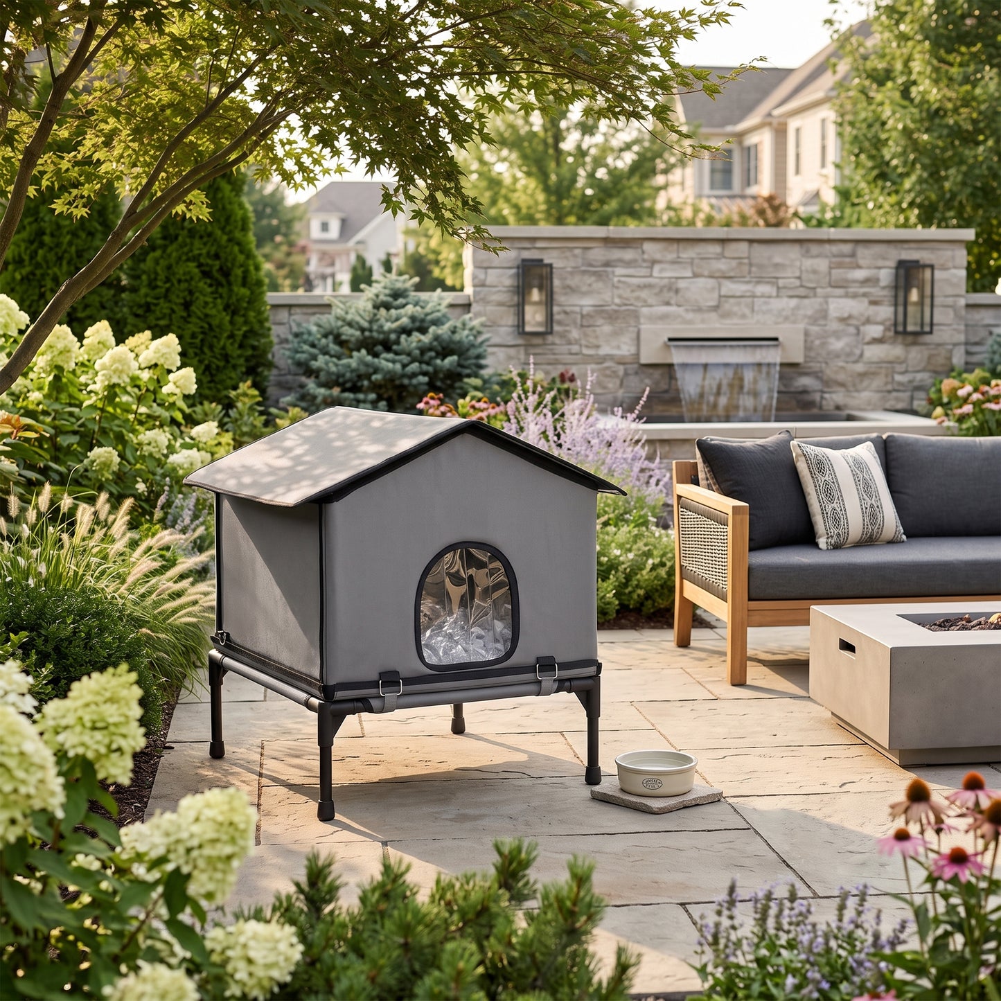 Outdoor Cat House, Waterproof Insulated Cat Kennel with Elevated Base, Foldable Feral Kitty Shelter for Kittens, Grey