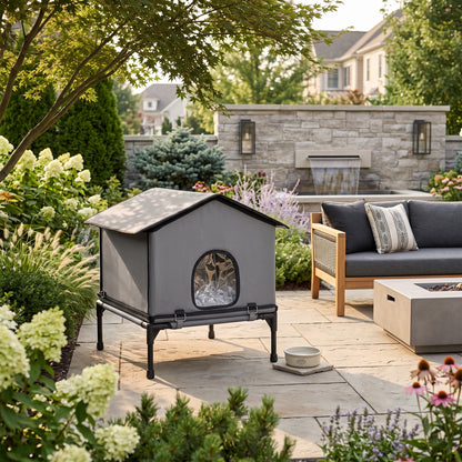Outdoor Cat House, Waterproof Insulated Cat Kennel with Elevated Base, Foldable Feral Kitty Shelter for Kittens, Grey