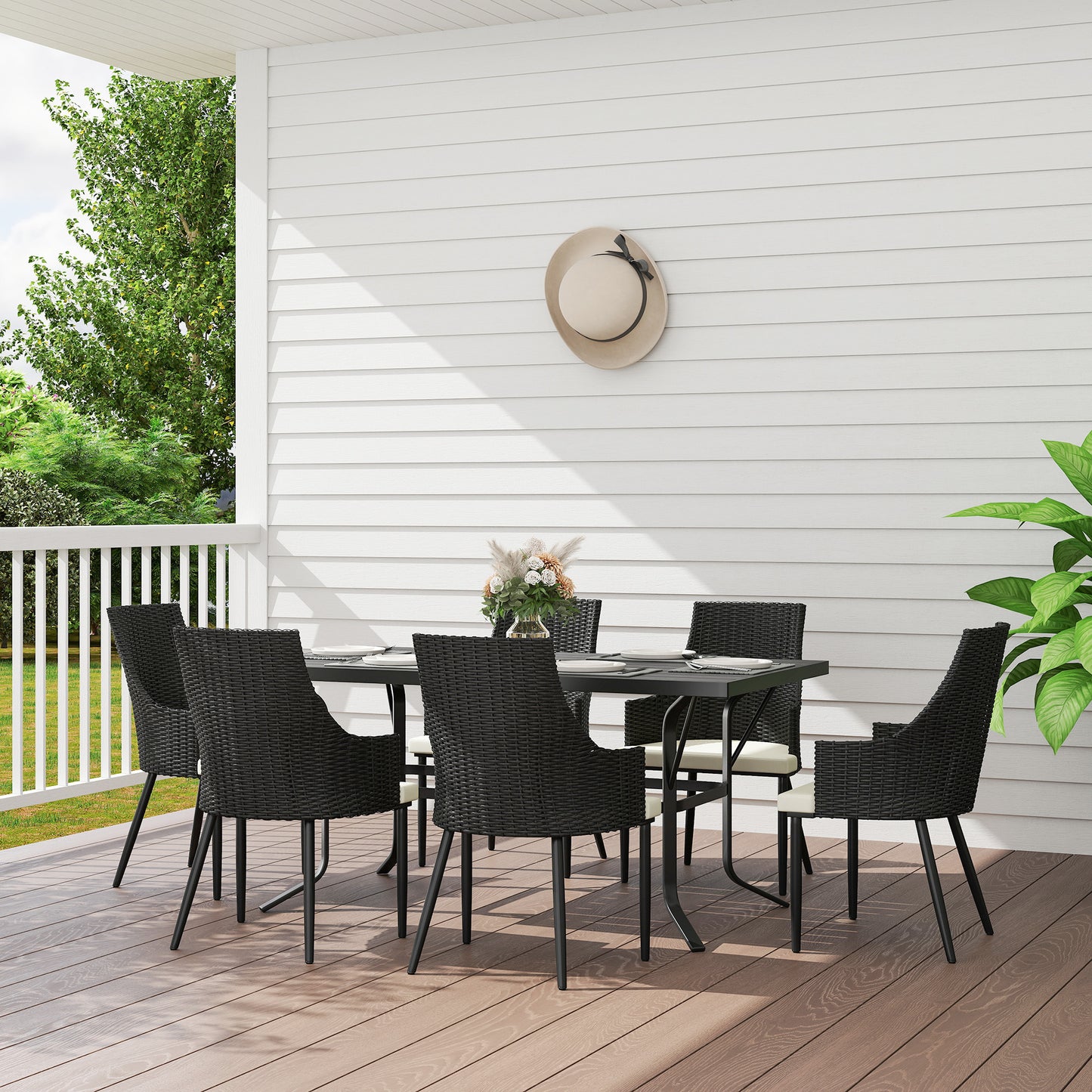 6 Seater Rattan Dining Set with Cushions, Garden Furniture Set with Armchairs, Rectangle Slatted Table Top, Steel Frame