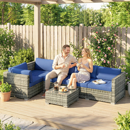 Four-Piece Rattan Sofa Set with 11 Cushions, Steal Frame, Blue