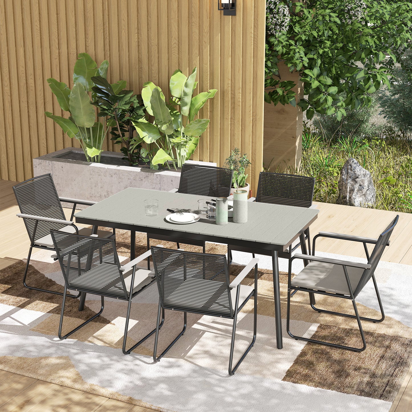 6‑Seater Garden Dining Set with Cushions, Rattan Backrest, Plastic Top, Garden Furniture Set, Grey