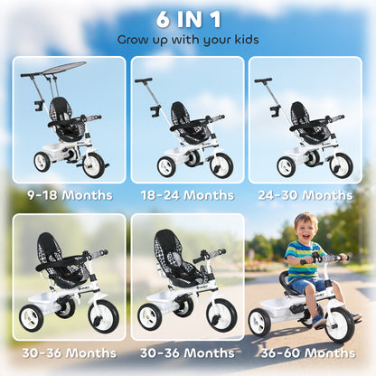 6 in 1 Tricycle for Kids with 5-point harness straps, Removable Canopy, White
