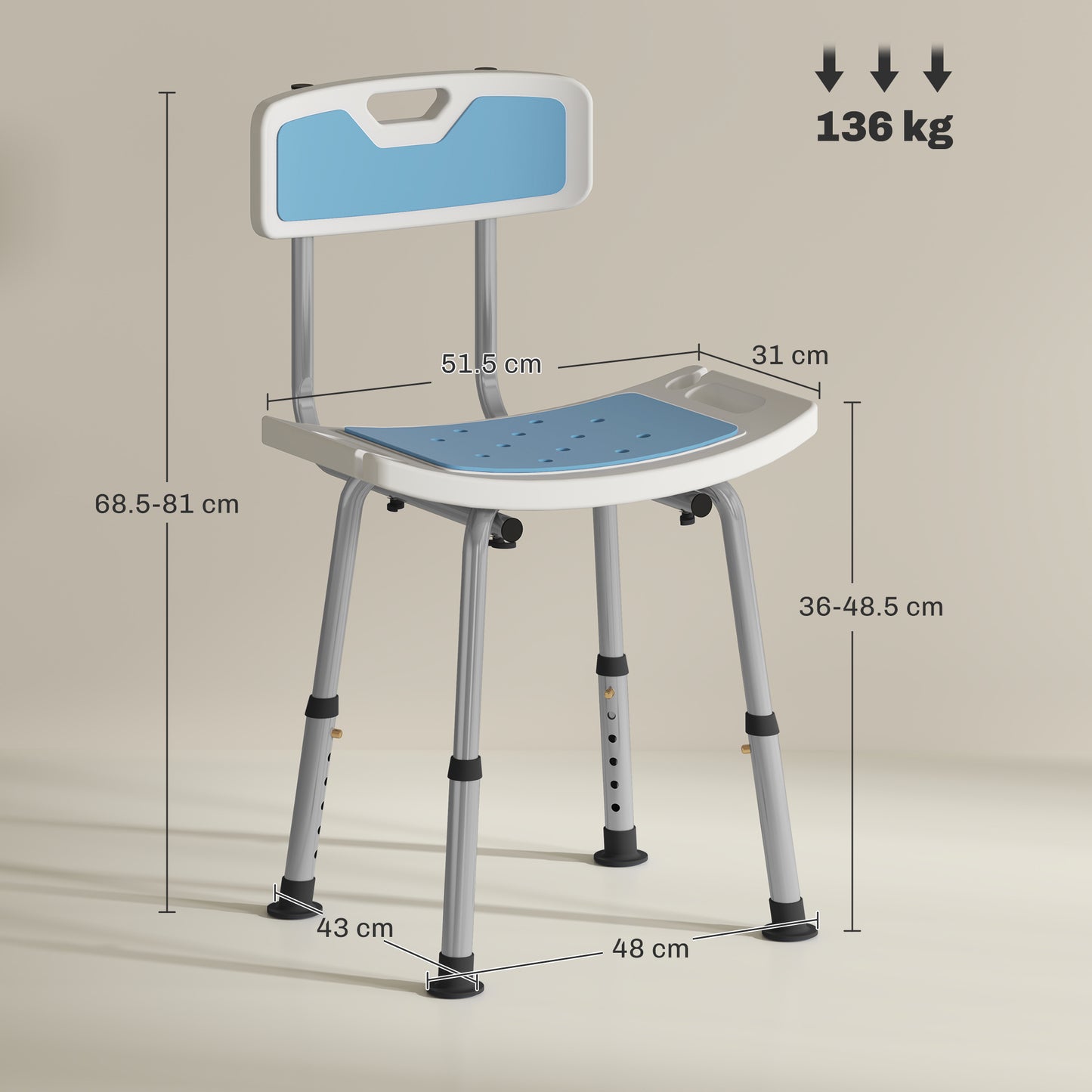 Shower Stool with Backrest, Height Adjustable Shower Chair with Anti-slip Foot Pads, Shower Head Holder, Light Blue