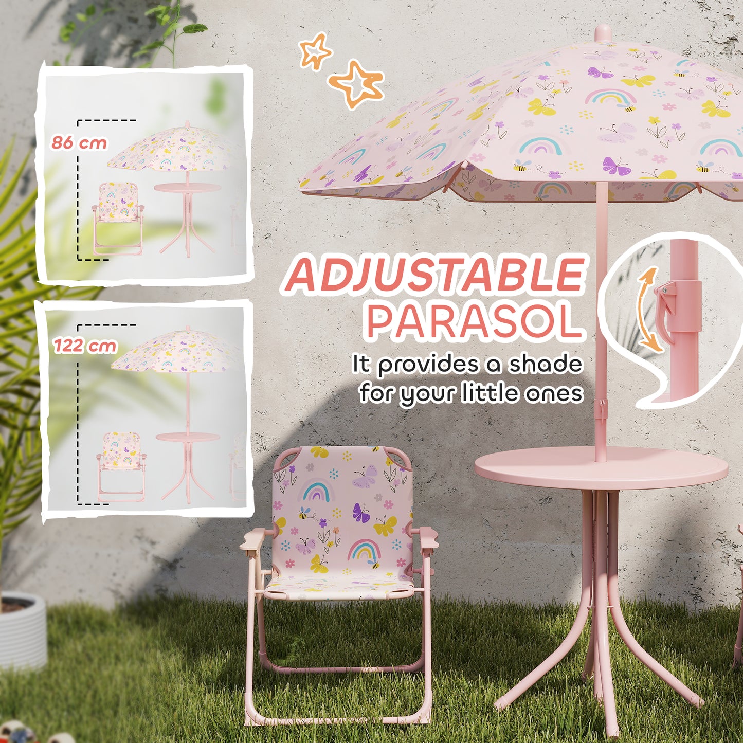 4-Piece Kids Garden Table and Chair Set with Adjustable Parasol, Folding Chairs, Table, Rainbow Pattern, Pink