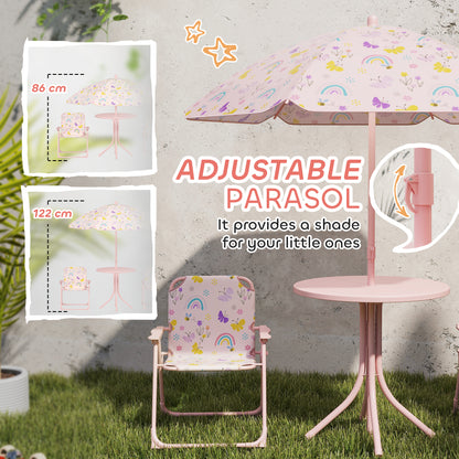 4-Piece Kids Garden Table and Chair Set with Adjustable Parasol, Folding Chairs, Table, Rainbow Pattern, Pink