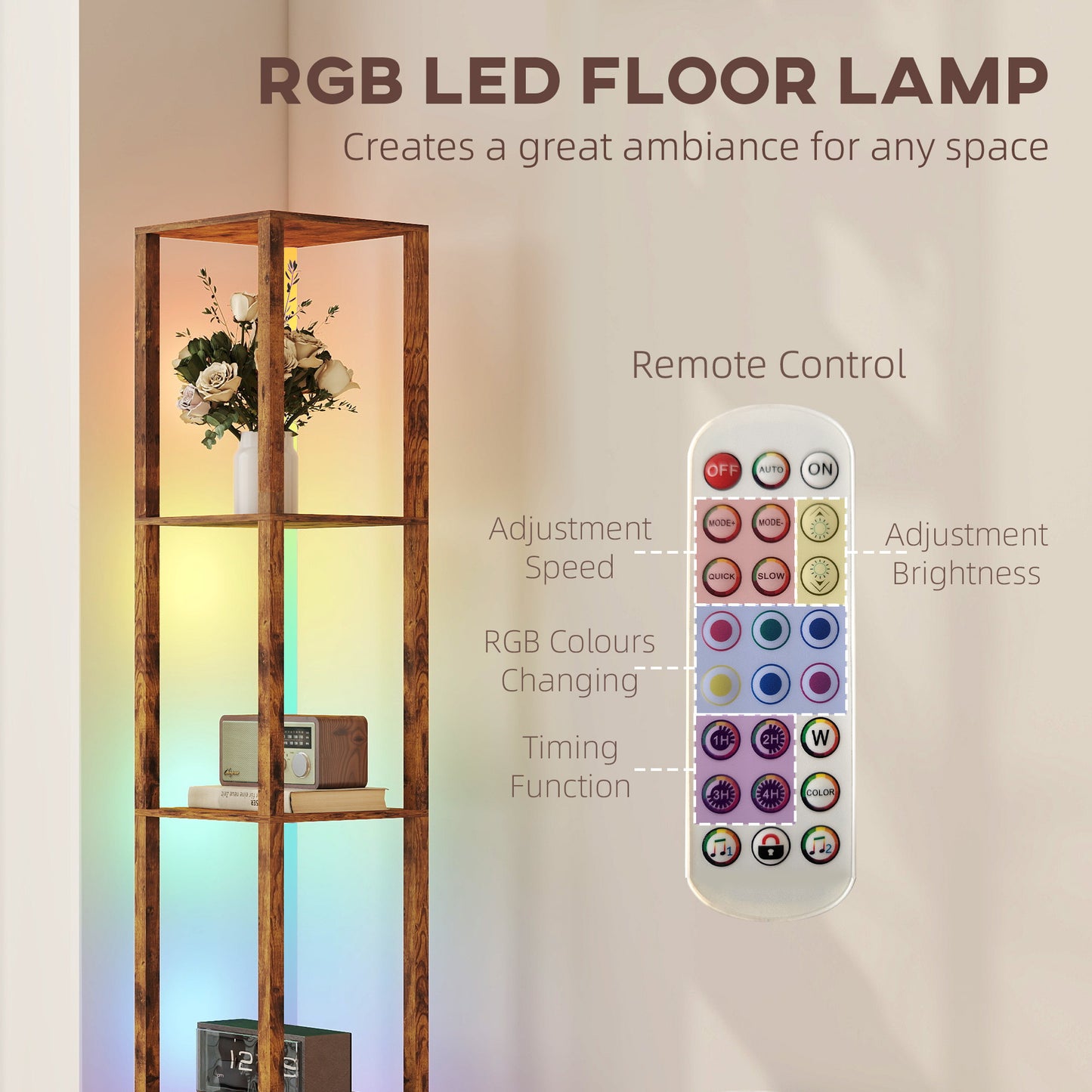 RGB LED Floor Lamp with Shelves, Modern Dimmable Standing Lamp with Remote Control