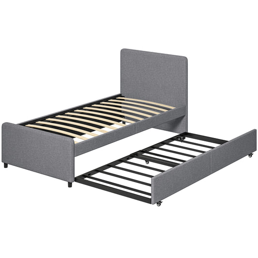 3ft Single Bed Frame with Trundle, Upholstered Pull Out Trundle Bed with Headboard and Footboard, Dark Grey