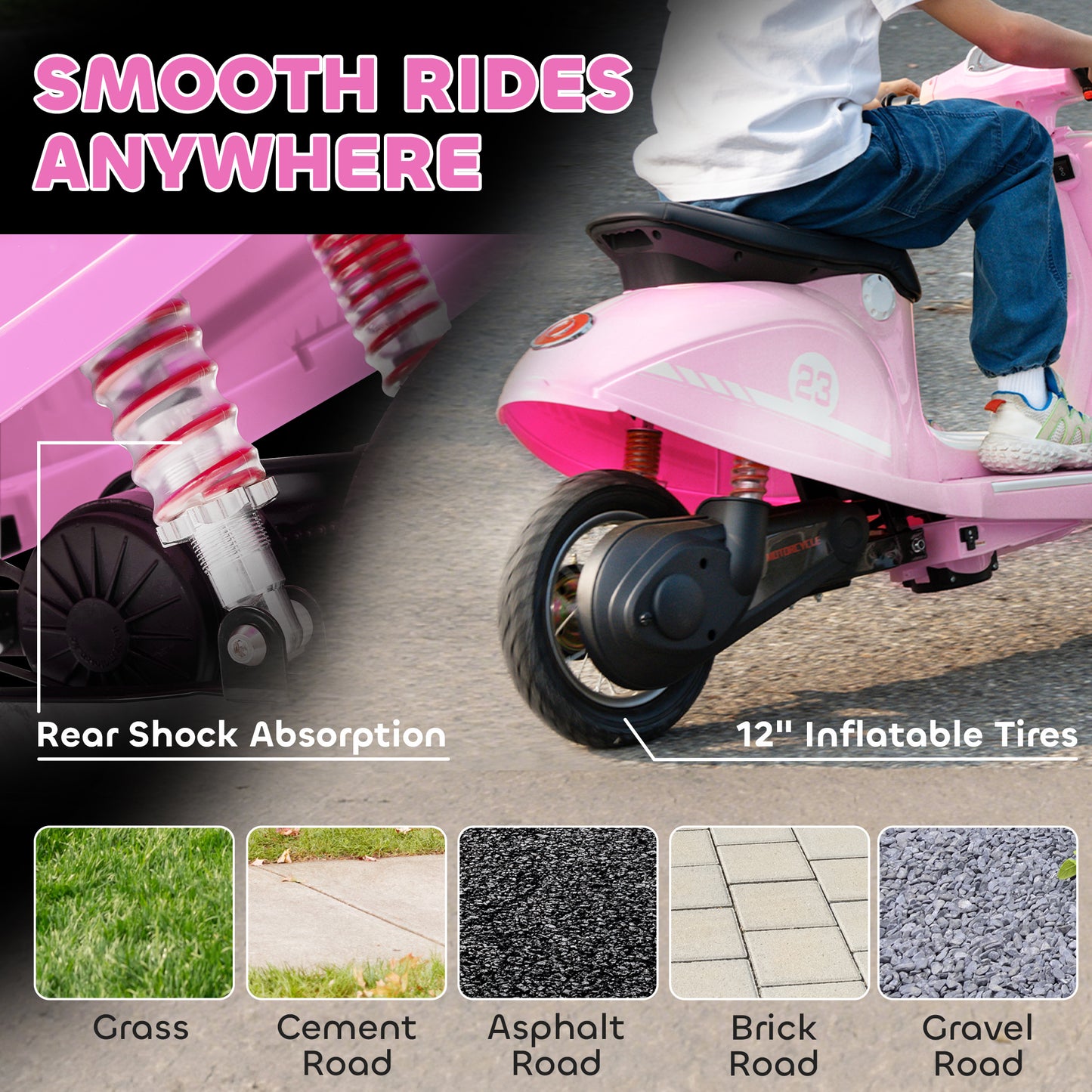 24V Kids Electric Motorbike, Ride on Motorcycle with Manual Throttle, Brakes and LED Lights for Ages 8-12 Years, Pink