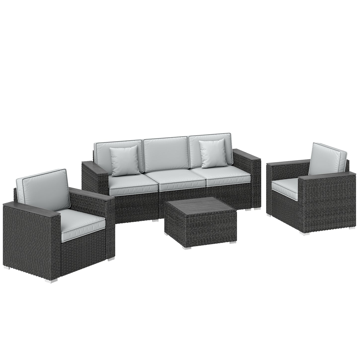 5 Seater Rattan Garden Furniture Set with Wide Armrests, Cushions, Pillows for Patio, Dark Grey