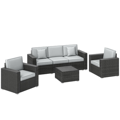 5 Seater Rattan Garden Furniture Set with Wide Armrests, Cushions, Pillows for Patio, Dark Grey
