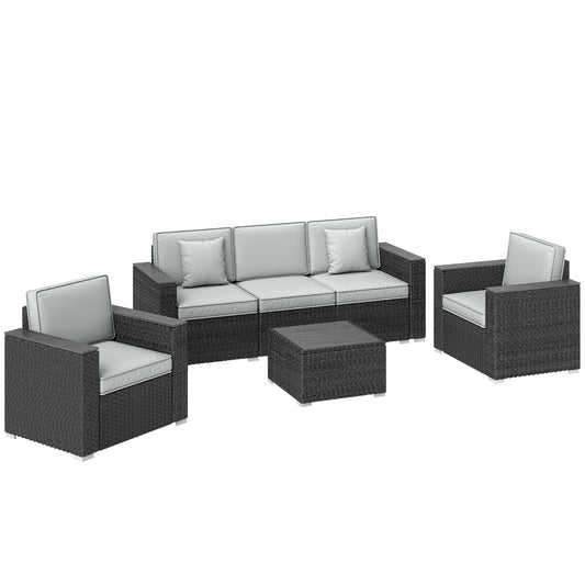 5 Seater Rattan Garden Furniture Set with Wide Armrests, Cushions, Pillows for Patio, Dark Grey