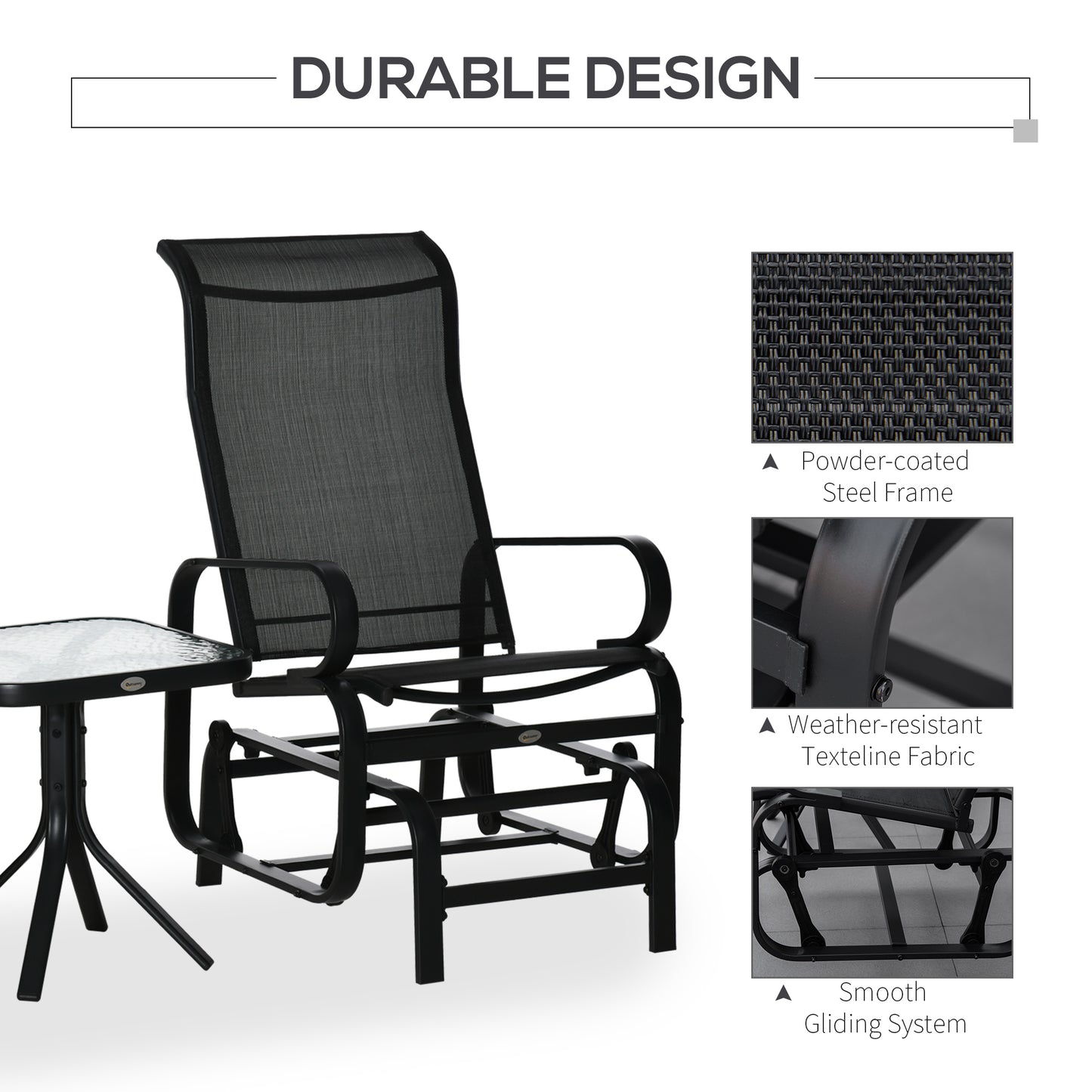 3 Pieces Garden Gliding Chair Set, Metal Frame 2 Single Armchair Swing Seater and 1 Glass Top Coffee Table w/ Breath Mesh Fab