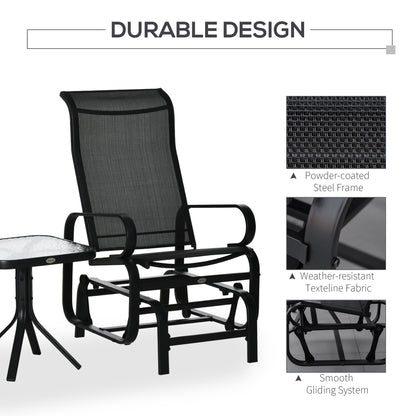 3 Pieces Garden Gliding Chair Set, Metal Frame 2 Single Armchair Swing Seater and 1 Glass Top Coffee Table w/ Breath Mesh Fab