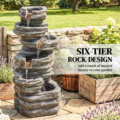 Outdoor Fountain, 6-Tier Cascading Waterfall Feature with LED Lights, Resin Freestanding Garden Fountain, Grey