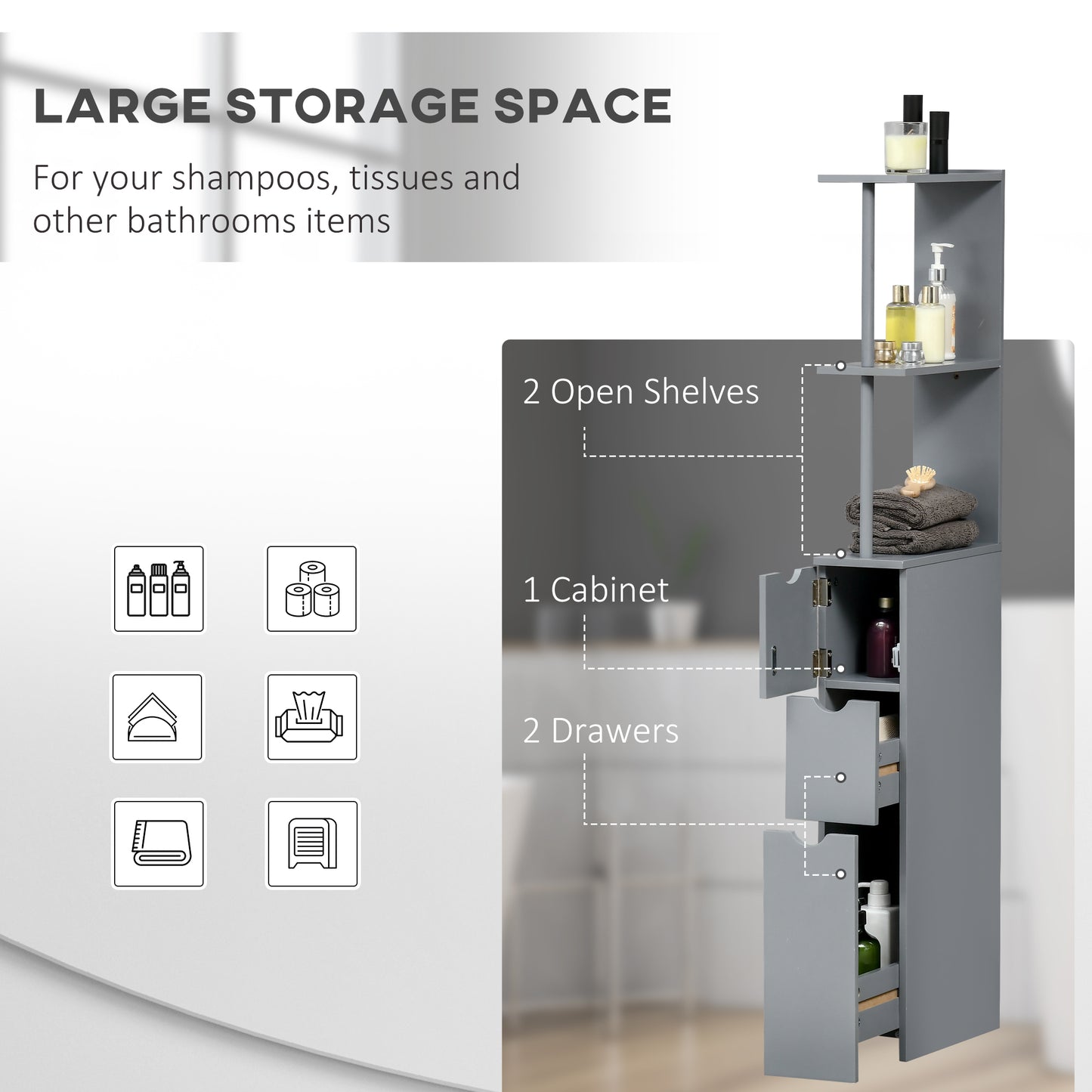 Tall Bathroom Cabinet, Freestanding Slim Bathroom Storage Cabinet with 2-Tier Open Shelf and 2 Drawers for Small Space