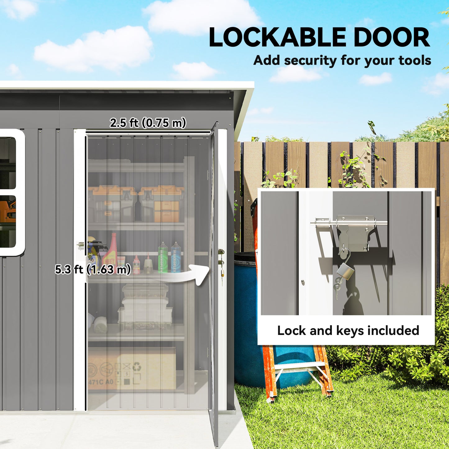 7 x 4ft Eco-friendly Galvanised Steel Garden Shed, with Lock and Gloves, 40kg/㎡ Snow Capacity - Grey