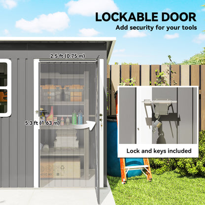 7 x 4ft Eco-friendly Galvanised Steel Garden Shed, with Lock and Gloves, 40kg/㎡ Snow Capacity - Grey